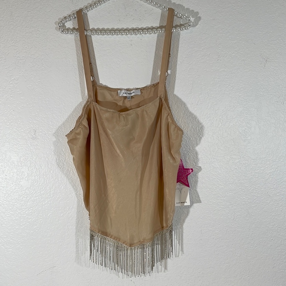 LILY WHITE Beige Satin Bedazzled Rhinestone Fringe Tassel Top Blouse Size 3X New